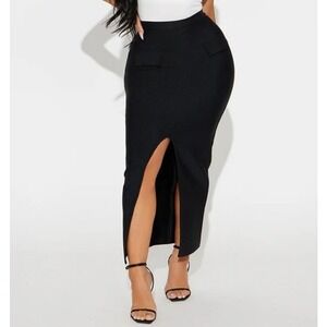 Fashion Nova Bodycon Midi Skirt XS Black Slit Boss Behavior Bandage Club‎ Sexy